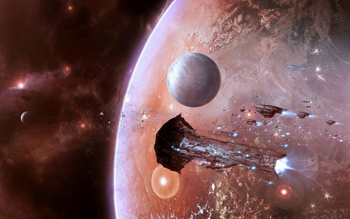 Spaceships near planets and nebula