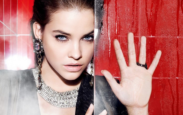 Barbara Palvin with wet red background and jewelry