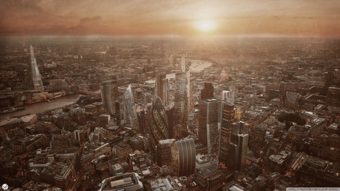 London cityscape with skyscrapers at sunset