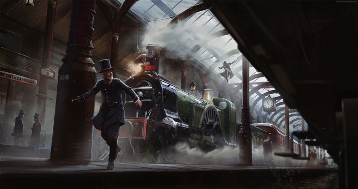 Man in top hat running on train platform with Assassin's Creed character jumping
