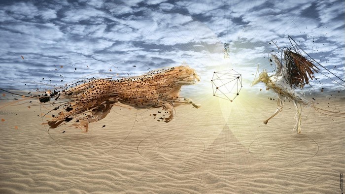 Cheetah and bird-like creature in desert with geometric shapes
