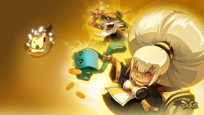 Dofus illustration with characters and coins