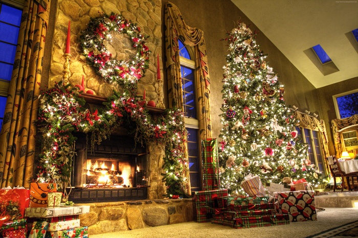 Christmas tree and fireplace with gifts