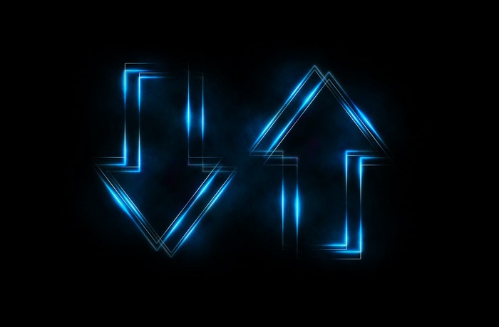Blue neon arrows pointing up and down