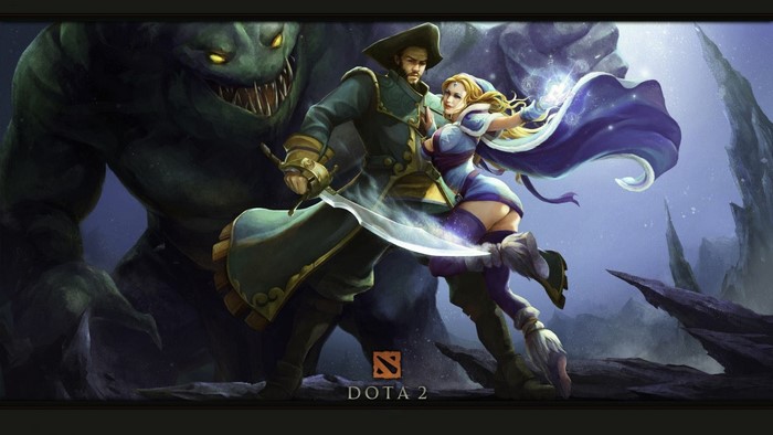 Kunkka and Crystal Maiden from Dota 2 with a monster