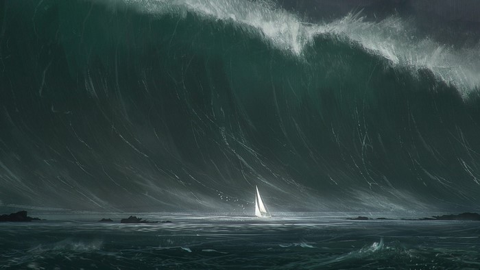 Sailboat facing a massive wave