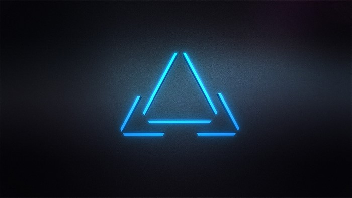 Abstract blue neon triangle logo on dark background