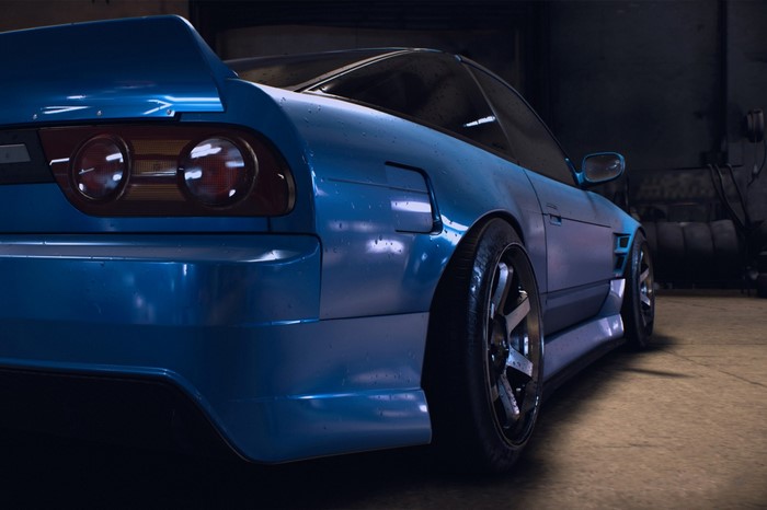 Blue Nissan 180SX with Rocket Bunny kit