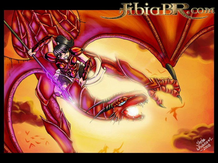 Woman warrior riding a red dragon in front of a sunset
