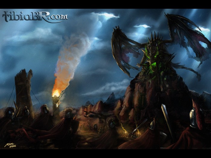 Dragon atop a rocky hill overlooking warriors and a burning tower in Tibia
