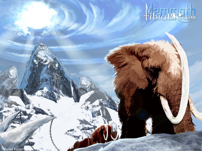 Mammoths in a snowy mountain landscape with TibiaBR.com logo
