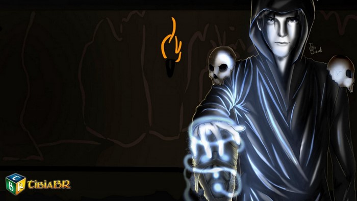 Character from Tibia with skulls and magic