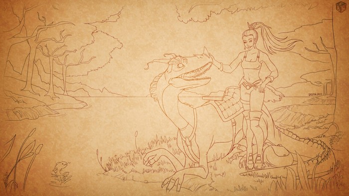 Woman riding a dinosaur in a fantasy landscape