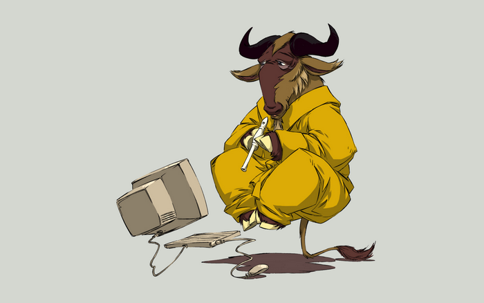 Wildebeest in yellow robe using a computer
