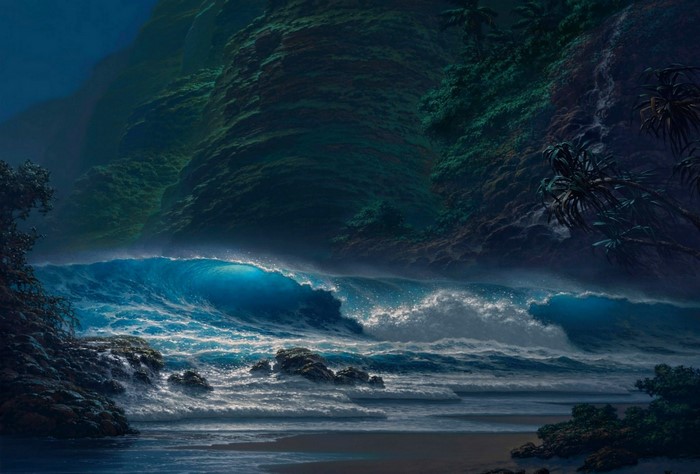 Waves crashing on a rocky shore at night
