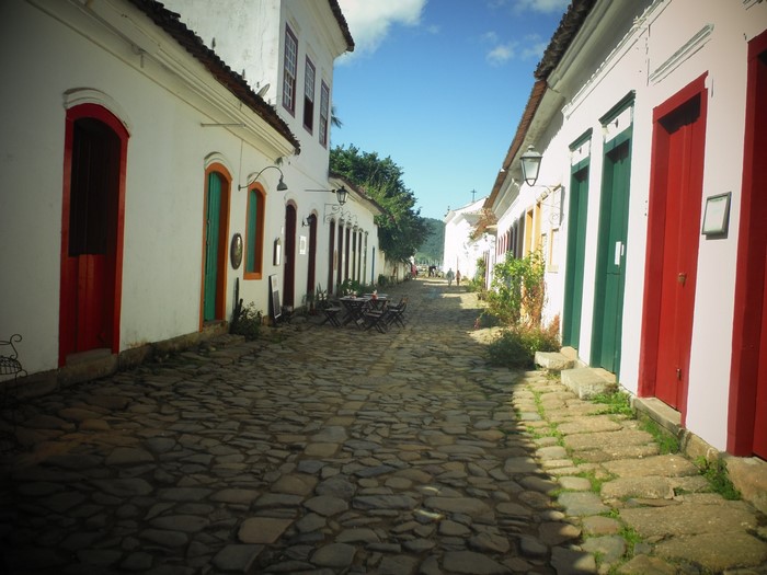 Cobblestone street with colonial houses in Brazil