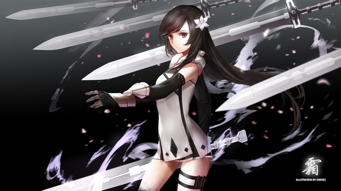 Anime girl with swords and flower in hair