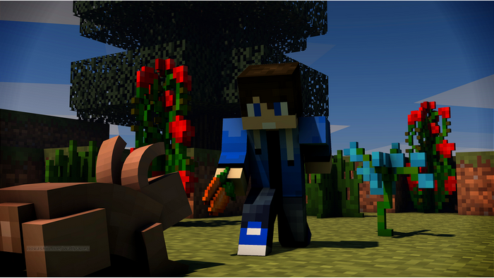 Minecraft character feeding a rabbit carrots