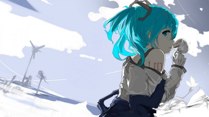 Hatsune Miku from Vocaloid drinking from a cup