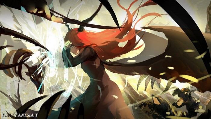 Redhead girl fighting a creature in Pixiv Fantasia