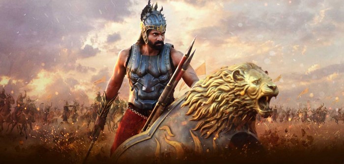 Baahubali riding a lion statue in battle
