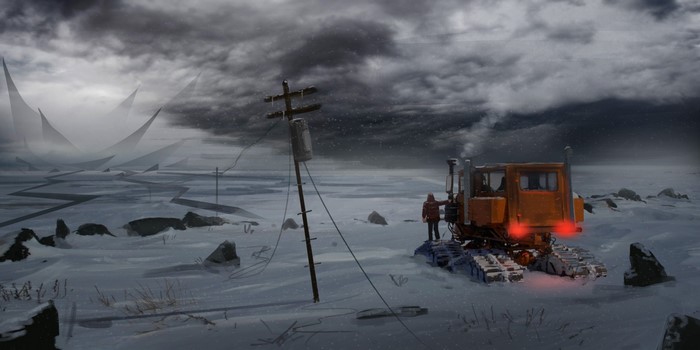 Snowy landscape with a tracked vehicle and a person