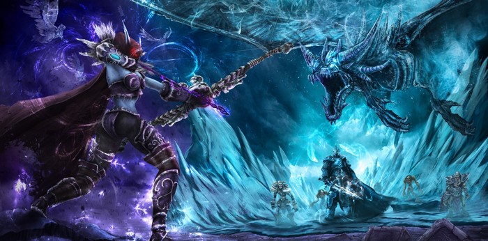 Sylvanas Windrunner fighting a dragon from World of Warcraft