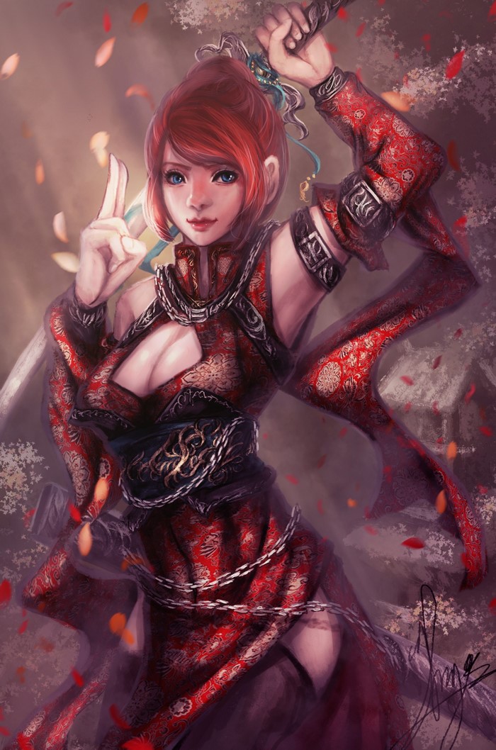 Woman warrior with red hair and sword