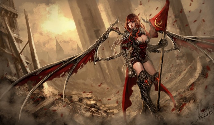 Fantasy warrior woman with wings and flag