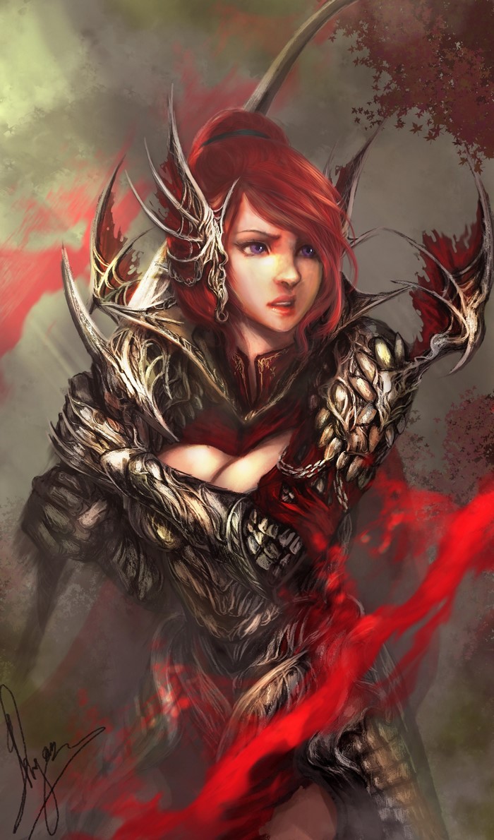 Woman warrior with red hair and ornate armor
