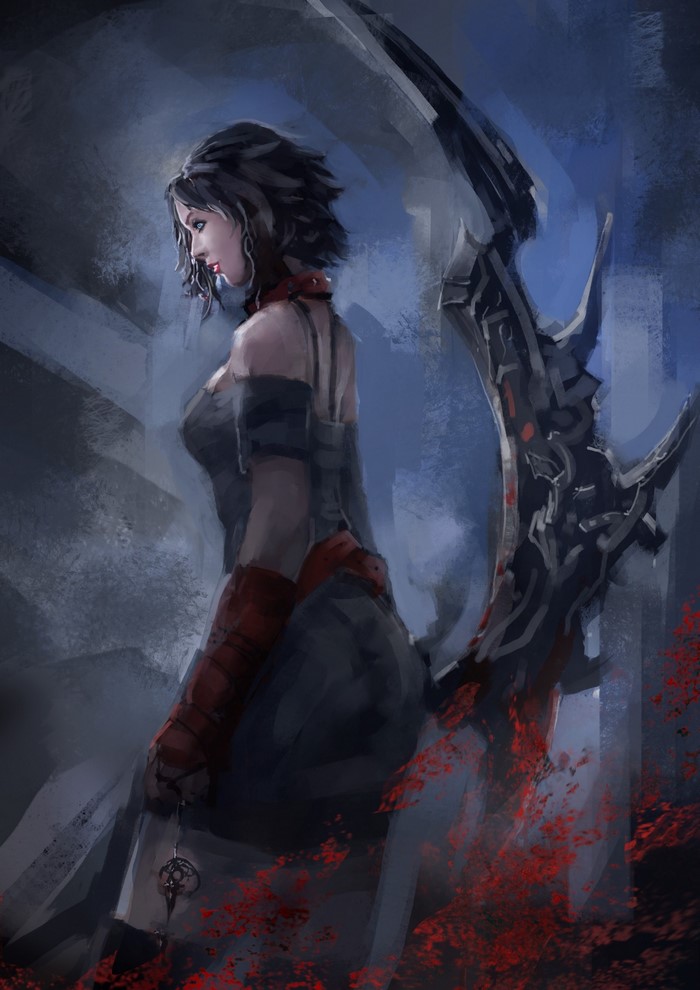 Fantasy art of a woman with a scythe