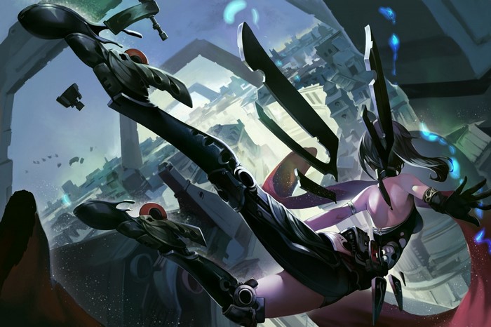 Anime girl with mechanical legs in futuristic city