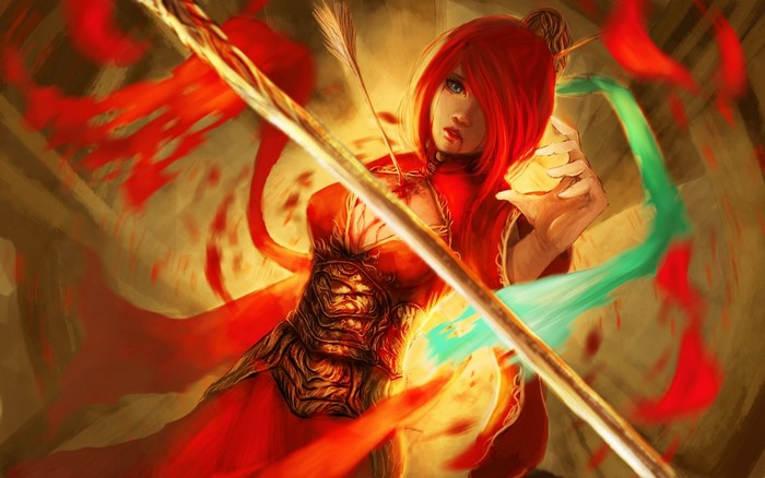 Fantasy anime warrior with red hair and armor