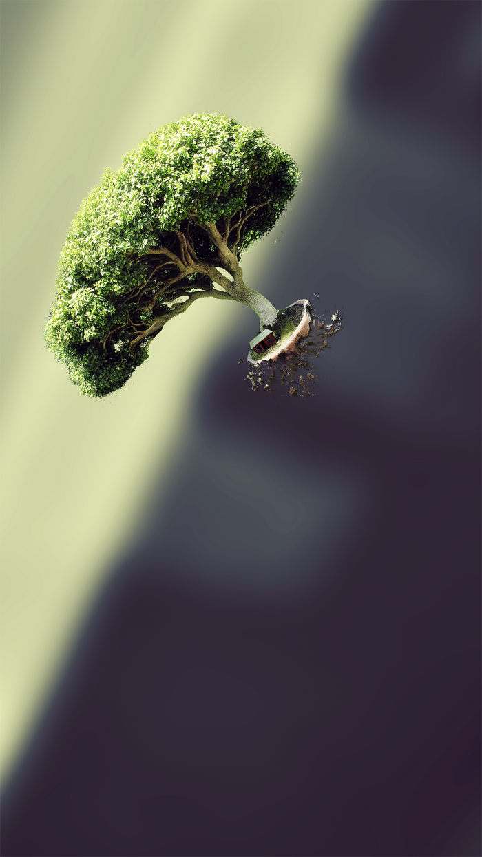A miniature tree with a small house on a floating island