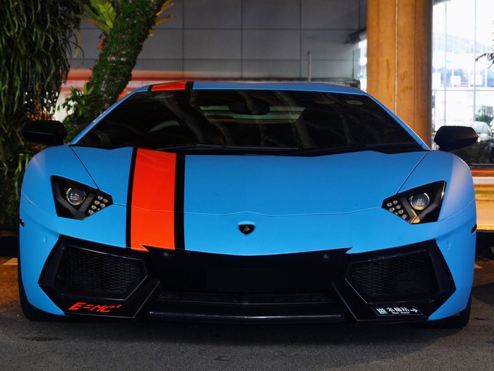Blue Lamborghini Aventador with Orange Stripes