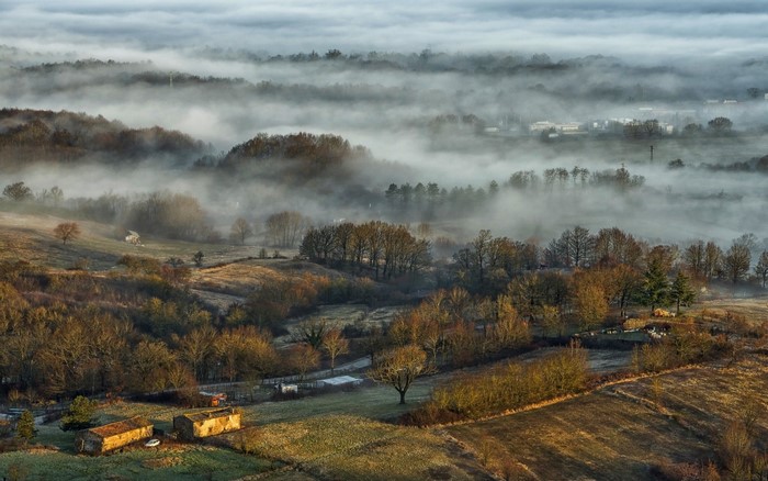 Misty valley with trees and farmhouses in autumn