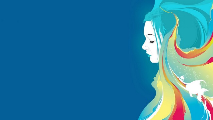 Woman with flowing blue hair and colorful abstract elements