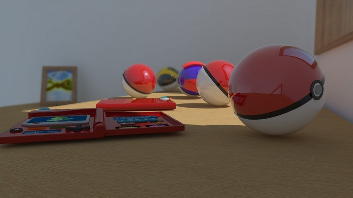 Pokemon Pokeballs and Pokedex on a wooden table