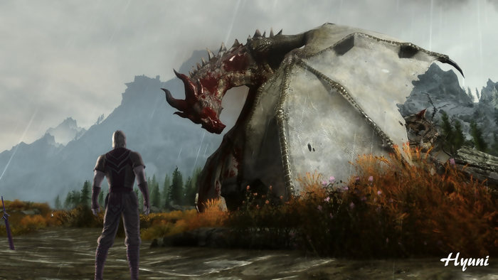 Dragon from The Elder Scrolls V Skyrim in a rainy landscape