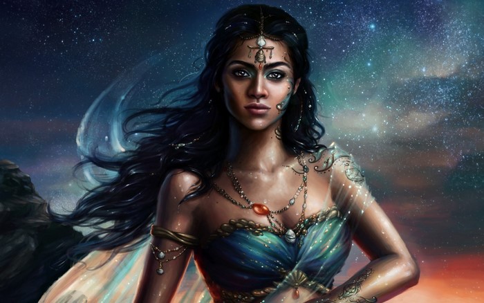 Woman with celestial markings and jewelry
