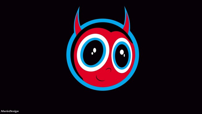 Red cartoon devil with blue outline and horns