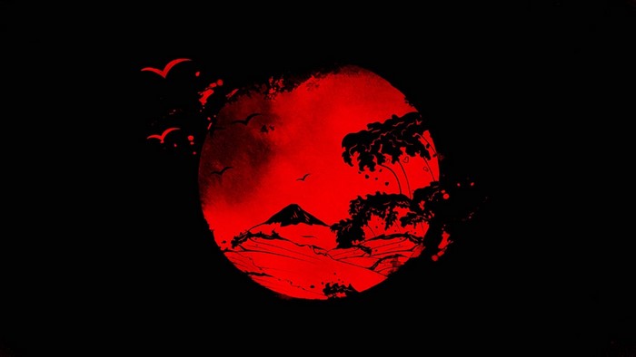 Japanese landscape with red sun and birds