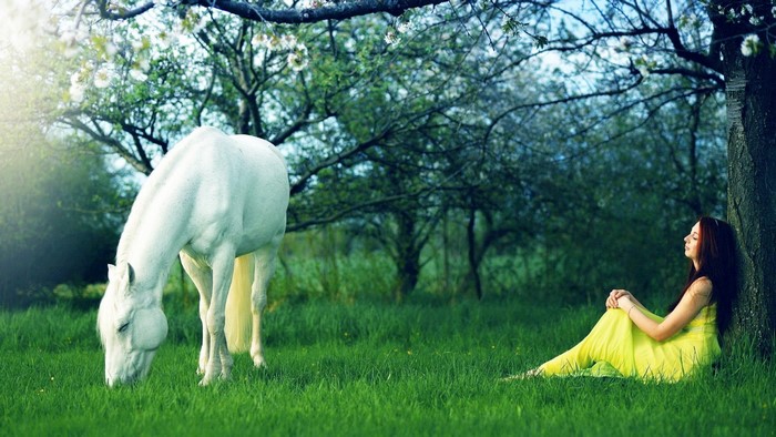 Woman in yellow dress with white horse in a meadow