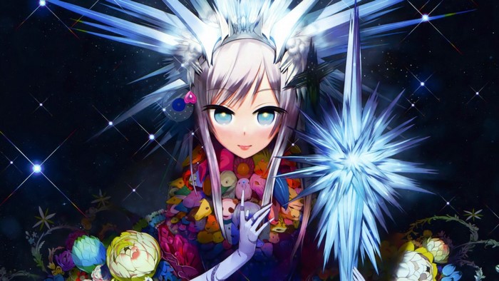Anime girl with silver hair and blue eyes, headdress, and gloves