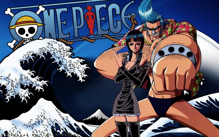 Nico Robin and Franky from One Piece with a wave