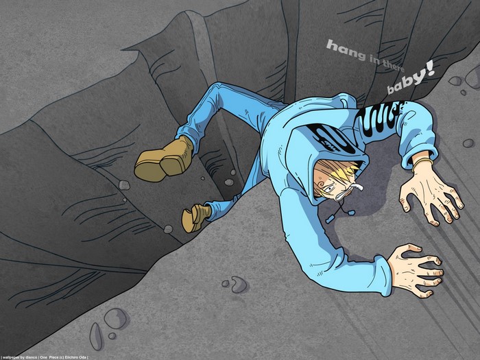 Sanji from One Piece hanging in a crevice