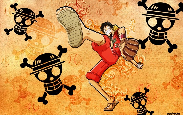 Monkey D. Luffy from One Piece with Jolly Roger symbols