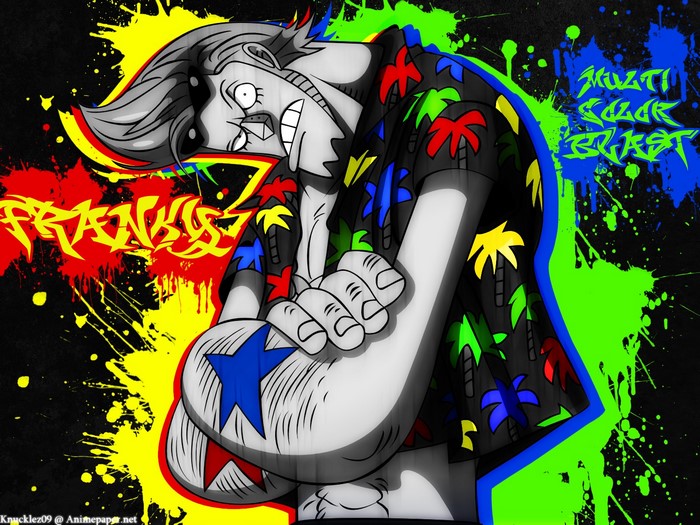 Franky from One Piece with colorful paint splatters