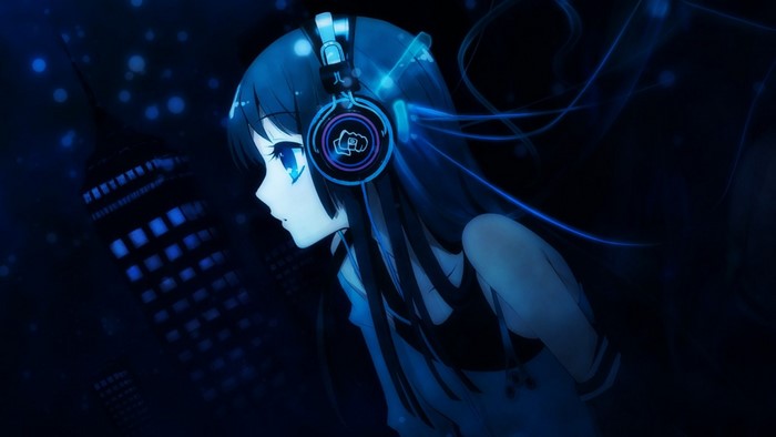 Anime girl with headphones in a dark city