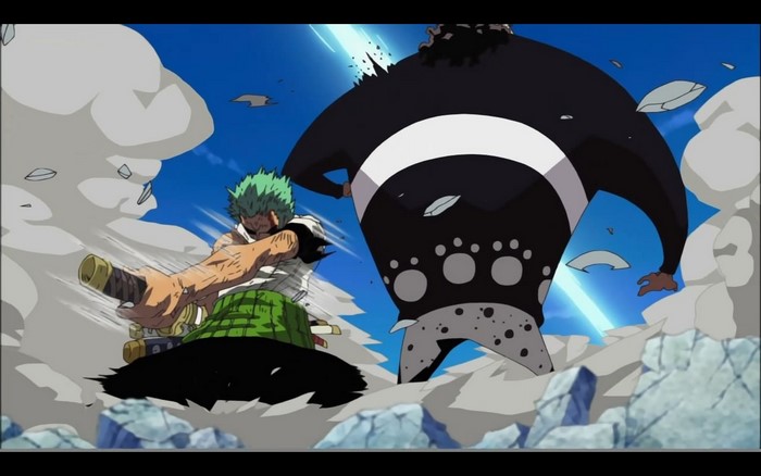 Roronoa Zoro fighting Bartholomew Kuma from One Piece